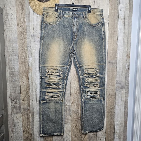 Imperious 40X32 Hip Hop Distressed Denim Jeans Vintage Blue Straight Leg - Picture 1 of 10